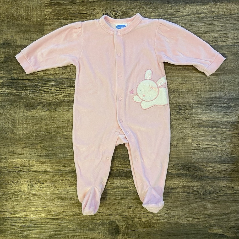 Bon Bebe Footed Sleeper 6-9 Months Pink Bunny Soft Snap Closure EUC‎